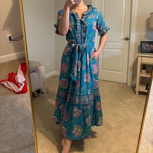 Bella Tu Teal Floral Ruffle Maxi Dress with Tie Waist